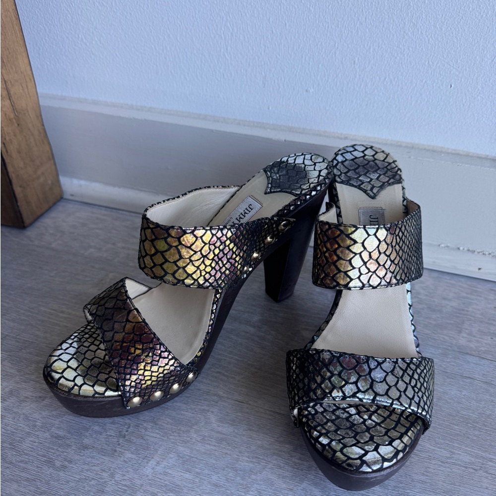 Jimmy Choo Iridescent Gold and Black Snake-Print Platform Sandals